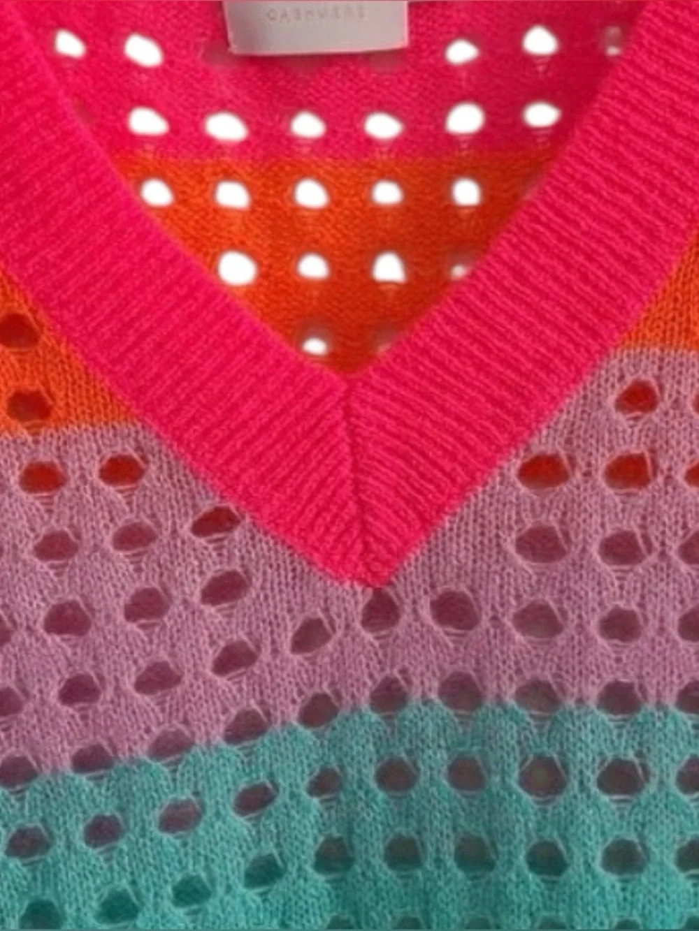 Brodie Cashmere Rainbow Stripe pointelle V Neck Sweater - Picture 3 of 8